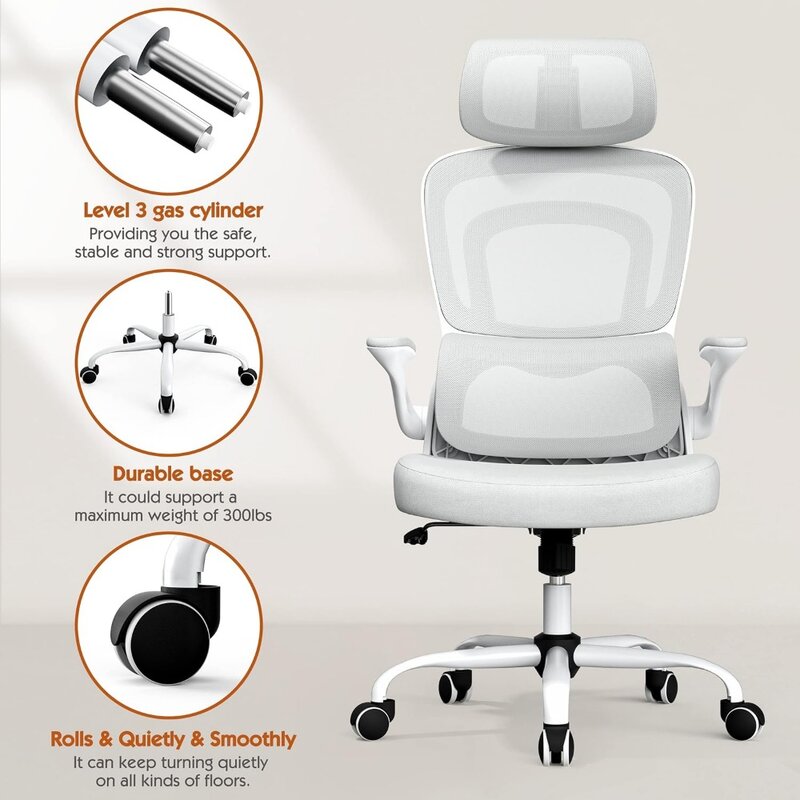 Kursi kantor jaring ergonomis dengan penyangga pinggang, kursi kantor punggung tinggi dengan lengan lipat, kursi game komputer jaring