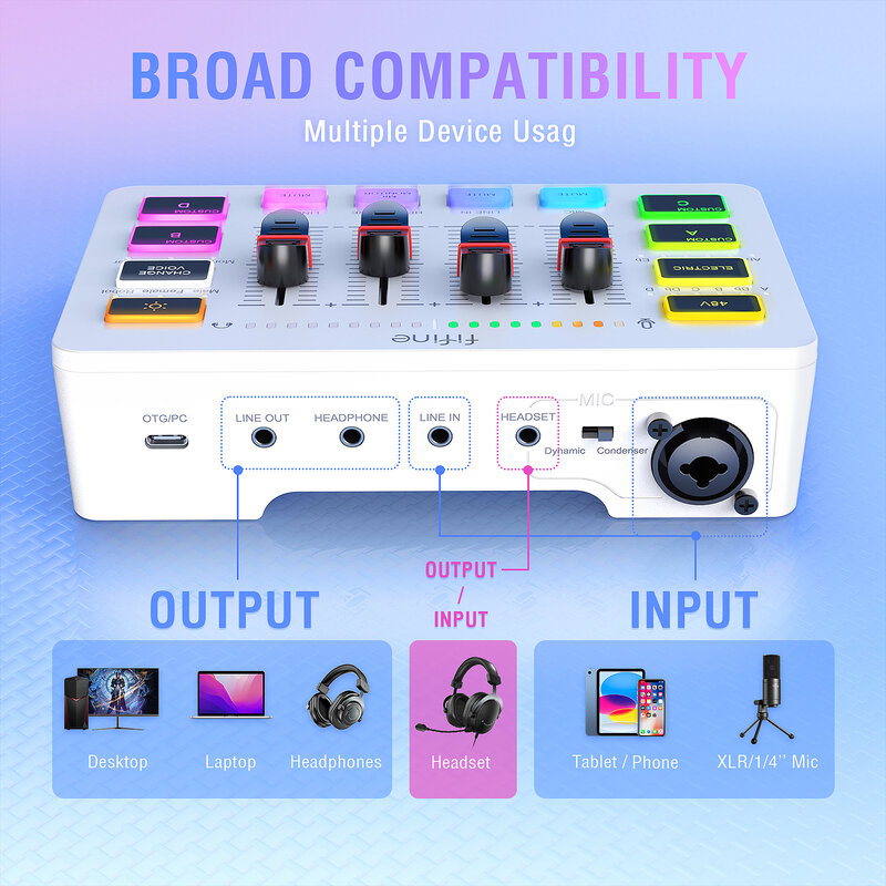 FIFINE-Mixer USB Gaming com Interface de Microfone XLR e RGB, Mixer de Som para Podcast de Jogo, Amplificador Streaming, 4 Canais, SC3W