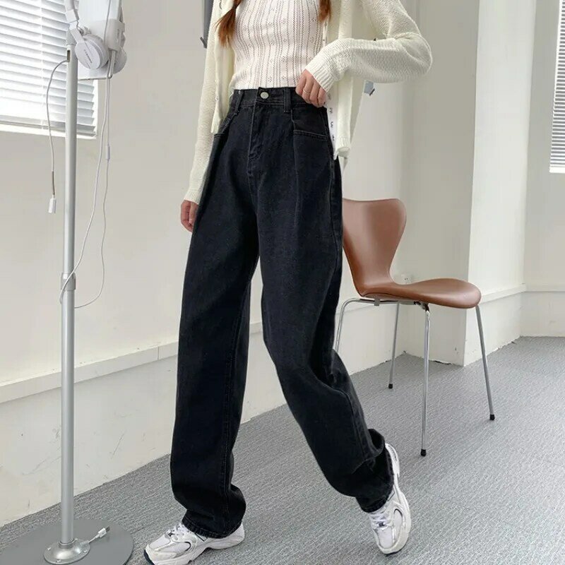 Pantalones vaqueros rectos de piernas anchas para mujer, de gran tamaño de cintura alta vaqueros negros, pantalones largos informales de estilo coreano, primavera 2023