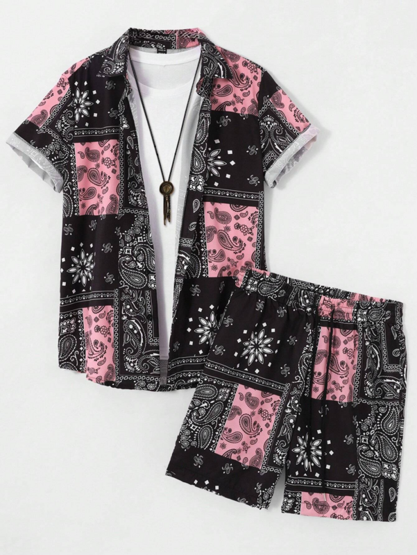 夏のファッションパーソナライズされたデザイン印刷半袖シャツのスーツ海辺のボタンラペルシャツショーツ