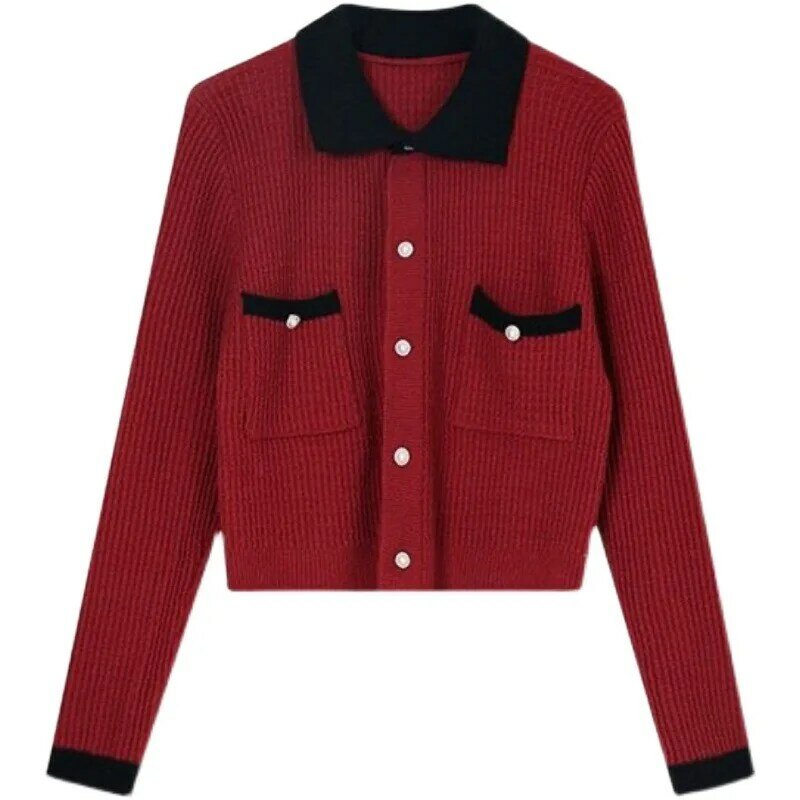 시크한 긴 소매 싱글 브레스트 니트 재킷 여성용, 패치워크 컬러 카디건, 봄 가을 포켓, 레이디 스웨터 외투