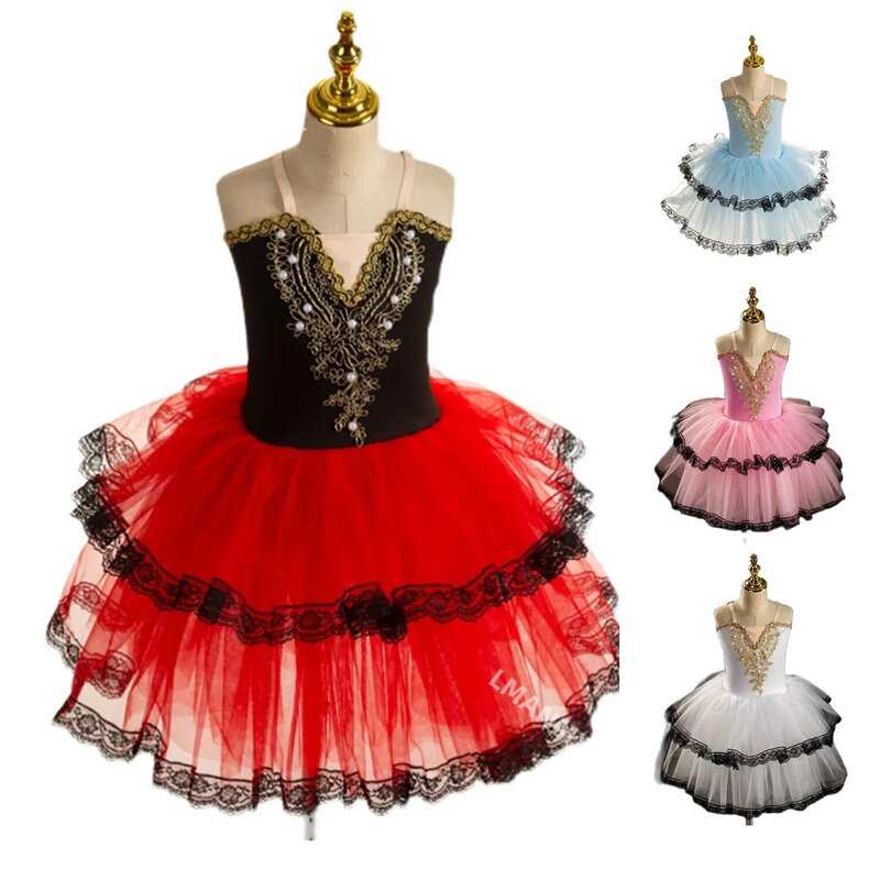 Vestido Rojo español, tutú de Ballet, falda romántica para niñas, Vestido largo de tul suave, disfraces de actuación