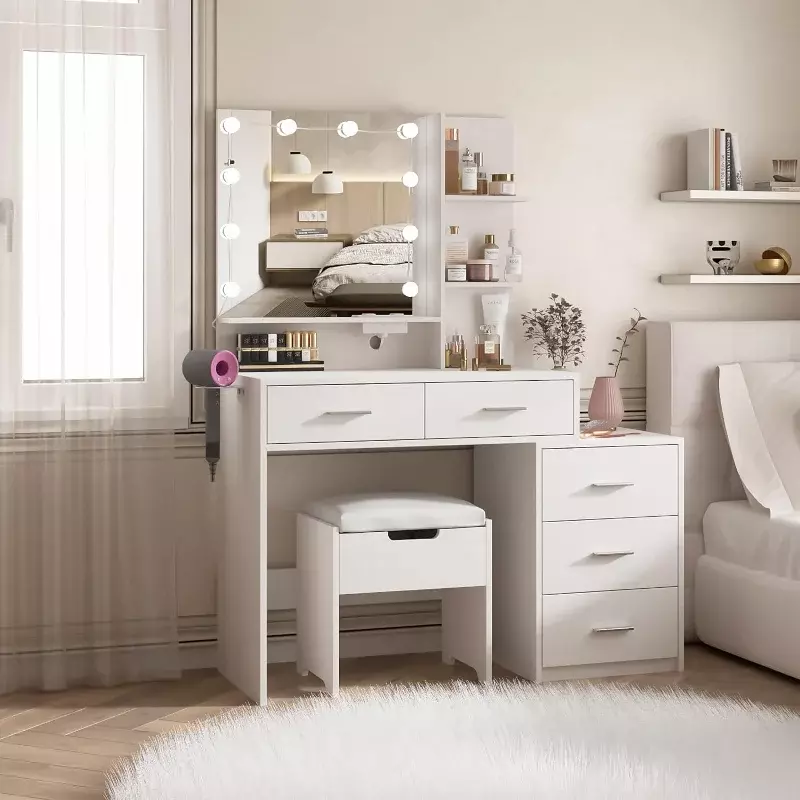 Vanity Desk con specchio e luci, comodino bianco, 5 cassetti di grande capacità, manico in metallo argento, Make