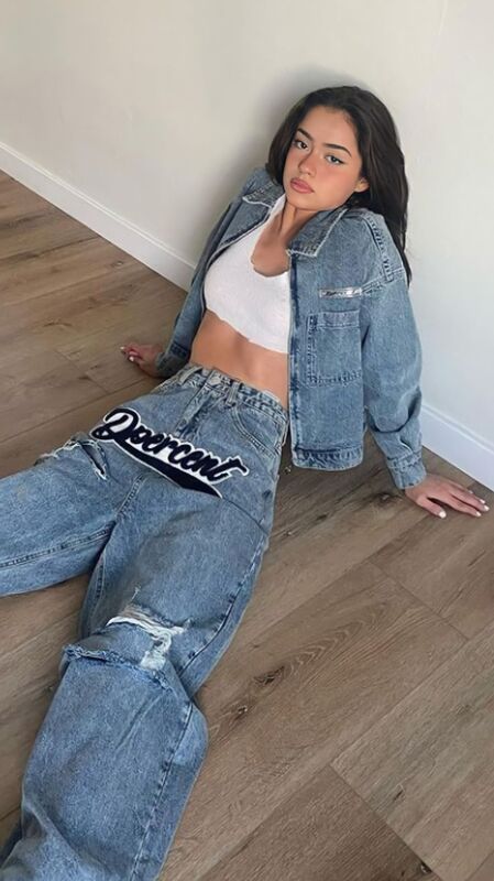 High Street Women's Hole Letter Jeans Retro Style Blue Distressed High Waisted Straight  Pants Korean Casual Fashion Trousers