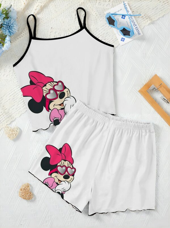 Conjunto elegante de duas peças feminino, top de Mickey, Minnie Mouse, guarnição de alface, vestido deslizante, pijama, saia, camiseta