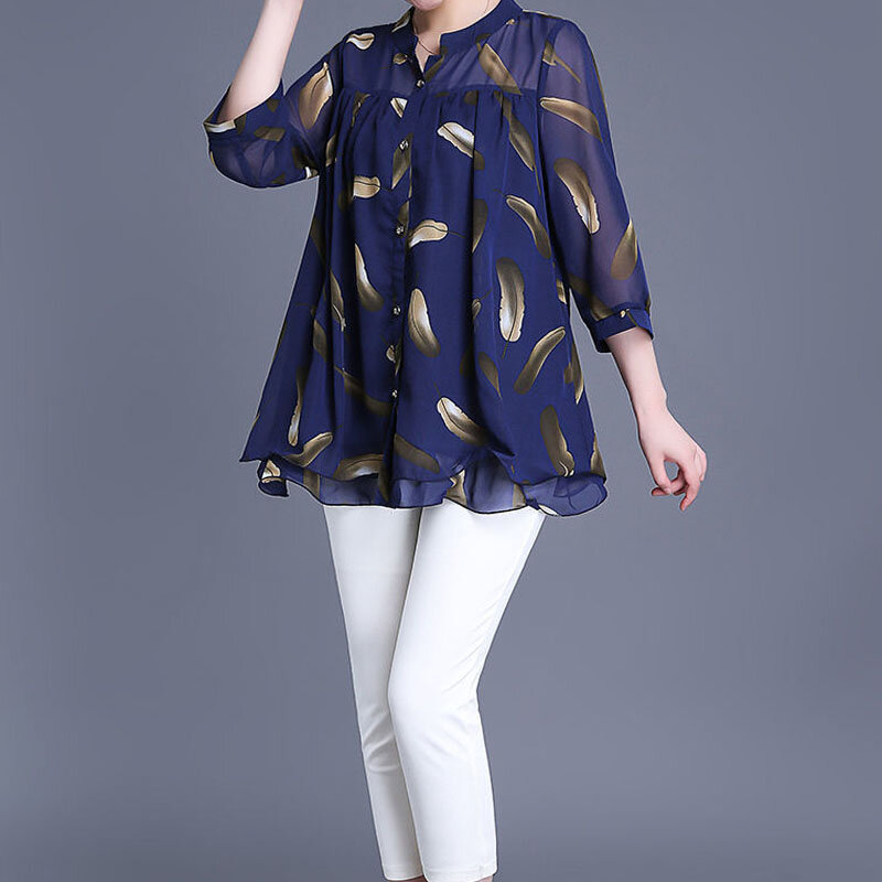 Blusa informal de Chifón con manga 3/4 para mujer, Jersey holgado y fino con una hilera de botones, moda de verano, novedad