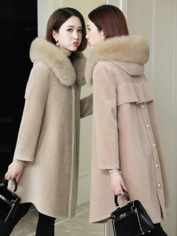Chaqueta de piel auténtica para mujer, abrigo largo con cuello de piel de zorro Natural, ropa de calle gruesa y cálida, nueva moda de invierno, 2023