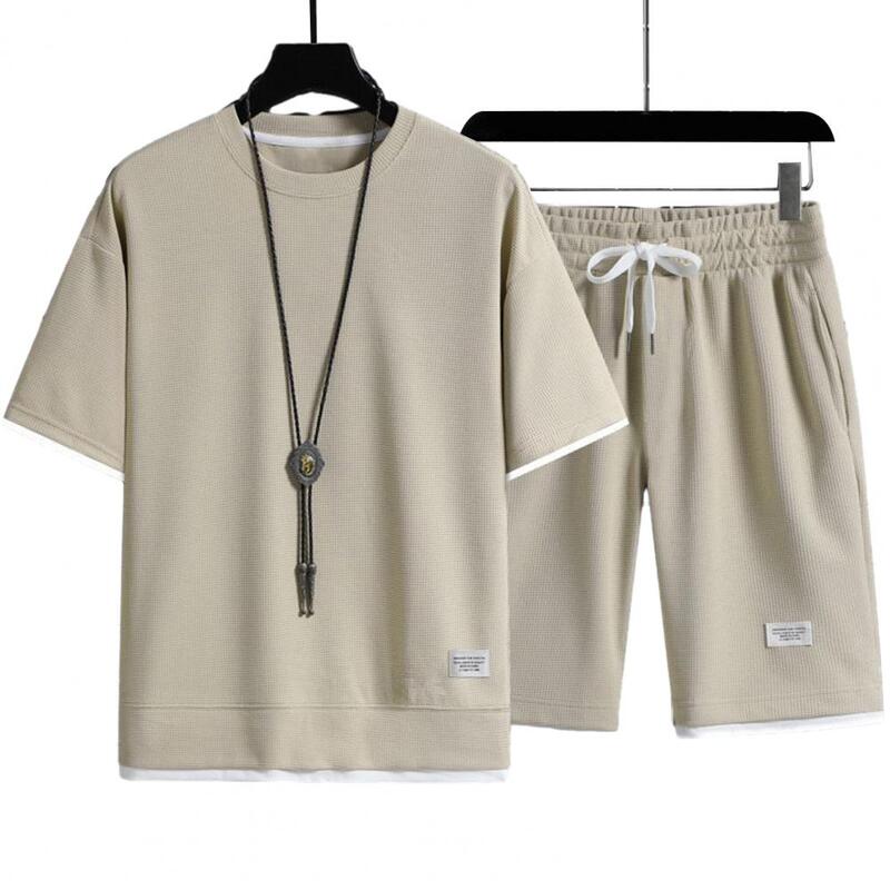 Fato de treino masculino de manga curta com bolsos, camisa de verão e shorts, 2 peças por conjunto