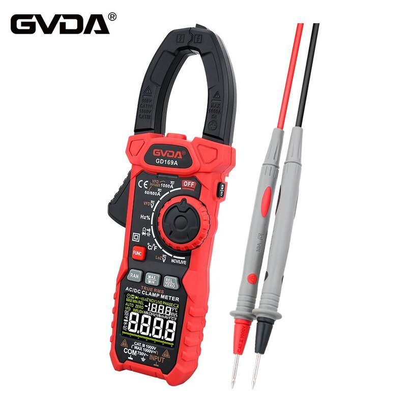 GVDA meteran jepit Digital 1000A 1000V, Multimeter AC DC True RMS, kapasitas VFD Inrush Ammeter voltase