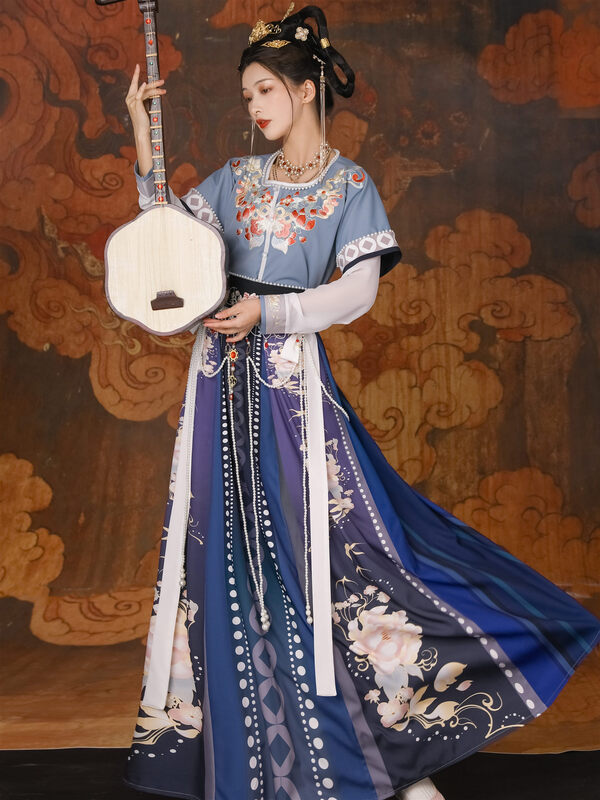 Hanfu merah dan biru pakaian tradisional Cina wanita elemen Han perempuan perbaikan harian gaya DunHuang Cosplay sinicisasi