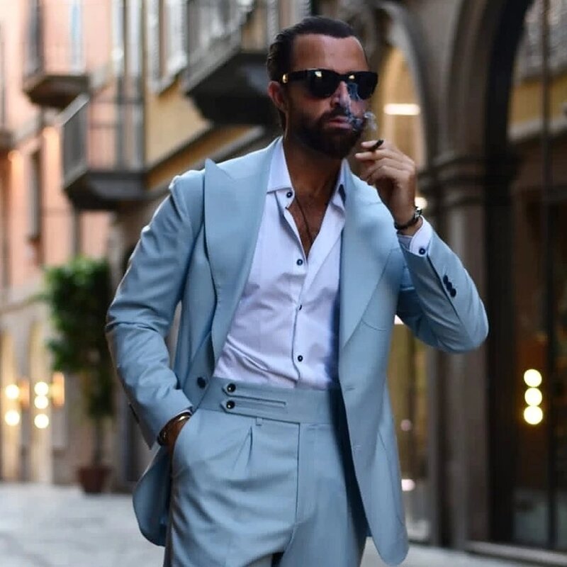 Men Suits Sky Blue Single Breasted Peaked Lapel Casual Set Wedding Groomsmen (blazer+pants) Slim Fit Costume Homme