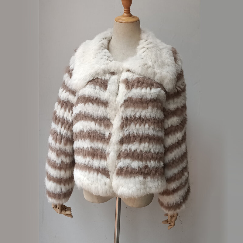Women Winter Knitted Real Rabbit Fur Coat Striped Fashion Long Sleeve Warm Fluffy Genuine Fur Jacket Female Outwear