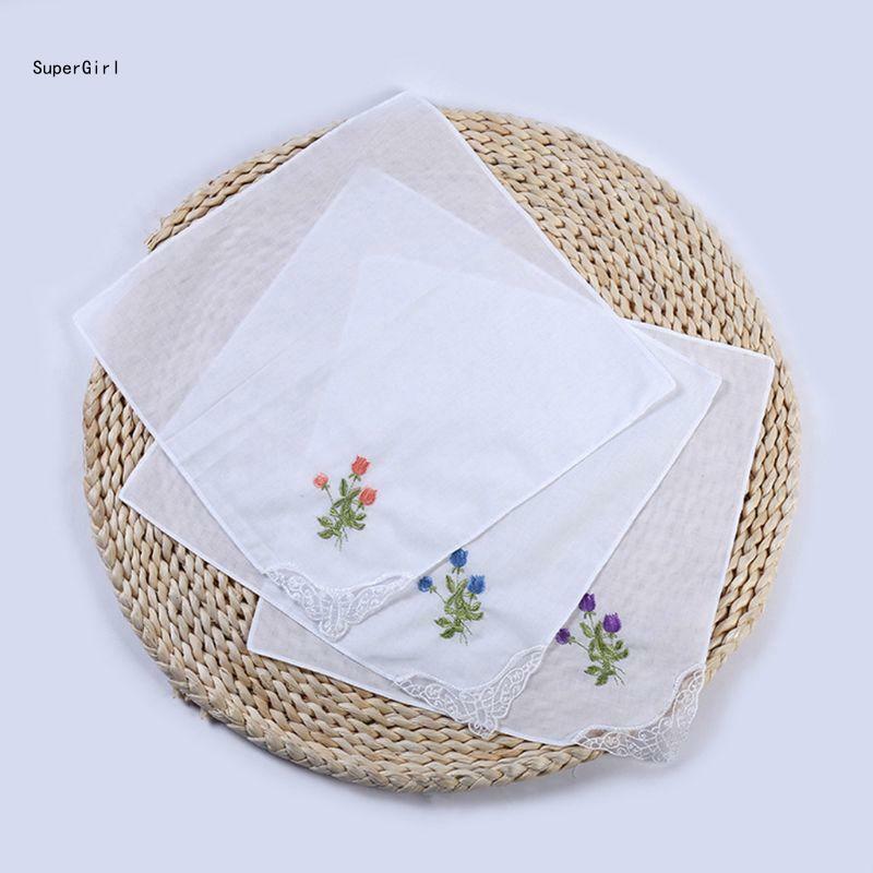 5Pcs Womens Cotton Handkerchiefs Floral Embroidered for Butterfly Lace Pocket Ha