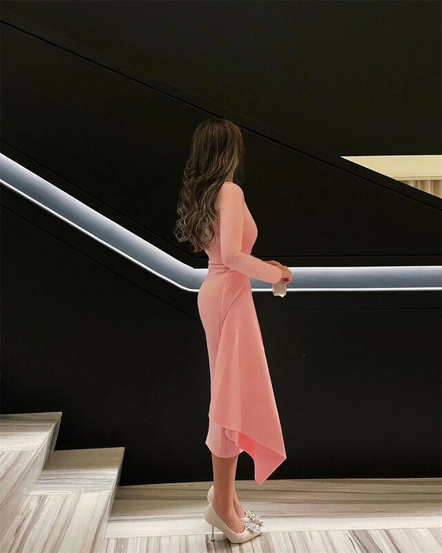 Różowa krótka suknia wieczorowa minimalistyczna sukienka na studniówkę formalna okazja suknia imprezowa z długim rękawem sukienka na studniówkę długość herbaty 2024 syrenka
