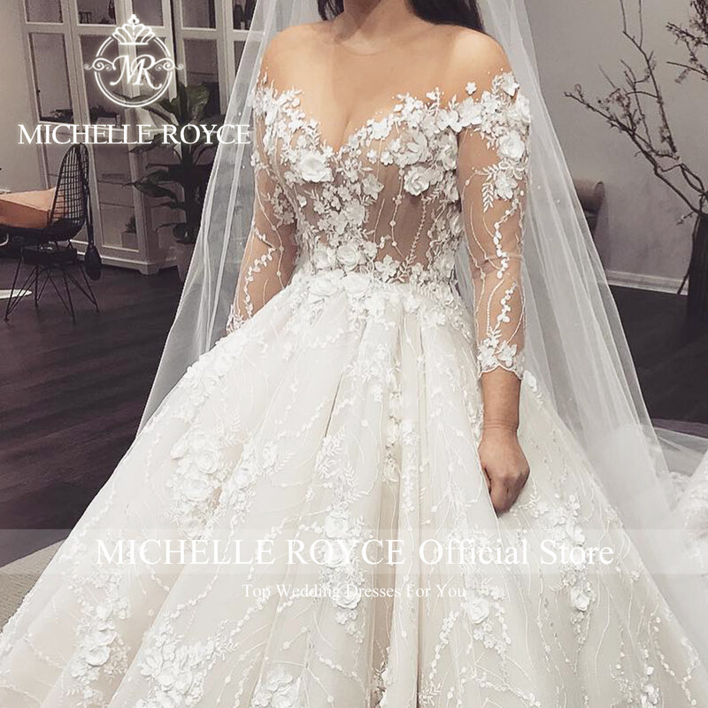 Michelle Royce gaun pesta gaun pernikahan 2024 lengan panjang leher V 3D bunga applique gaun pernikahan untuk pengantin 2022 Vestido De Novia