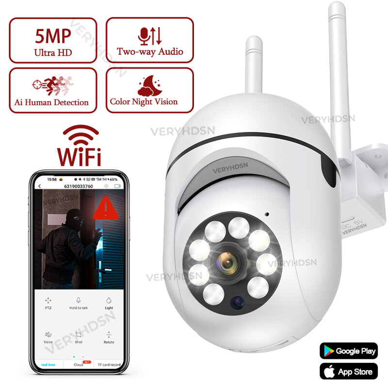 Cámara IP Wifi de 5MP para exteriores, videocámara inalámbrica de vigilancia CCTV, visión nocturna a Color, detección humana por Ia, Zoom Digital 4X, resistente al agua IP66