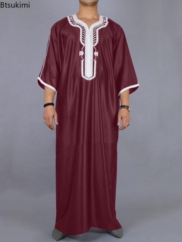 Nuovo 2024 moda musulmana Abaya per uomo Patchwork ricamo abito lungo caftano arabo saudita maschio Jubba Thobe islamico marocchino Abaya