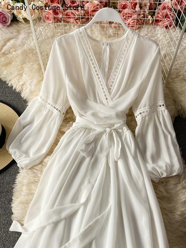 Lady Casual White Dresses New Spring Summer Beach Holiday Style Dress donna elegante abito a vita alta con lacci con scollo a v