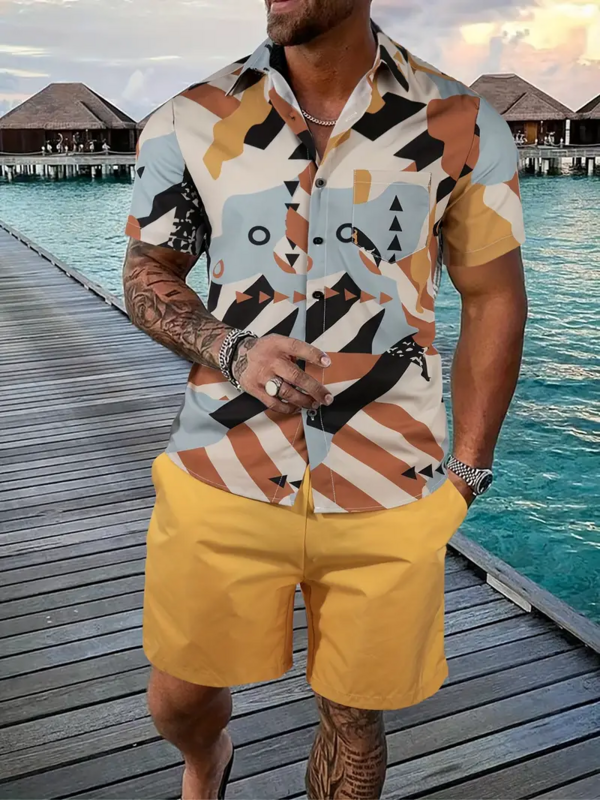 Conjuntos de camisas florais retrô estampados em 3D para homens, shorts de praia casuais extragrandes, roupas havaianas de verão, manga curta