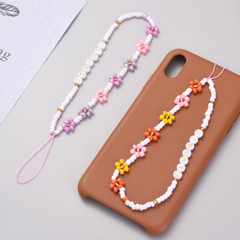 Sweet Acrylic Women Telephone Lanyard Strap For Rice Flower Shape Beaded Phone Chain Jewelry Holder Rope Anti-Loss Wrist Band