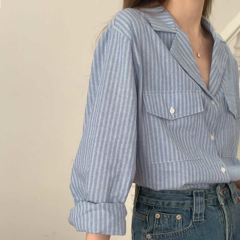 QOERLIN Women Blue Striped Shirts Office Ladies Work Wear Long Sleeve Single-Breasted Button Up Loose Casual Tops Blouse Female