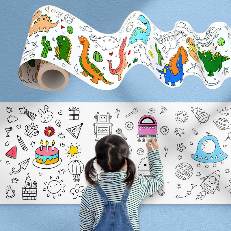 Rolo de papel de desenho pegajoso para crianças, papel de colorir, pintura DIY, brinquedos educativos para crianças