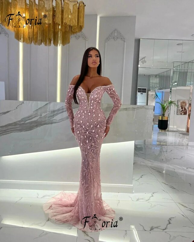 Delicate Crystal Pink Mermaid Formal Party Dress 2024 Off Shoulder Long Sleeve Evening Dressses Cocktail Vestidos Elegante Woman