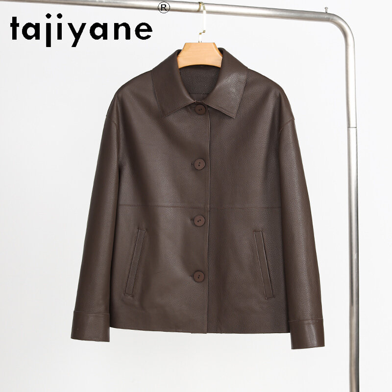 Tajiyane-jaqueta de couro verdadeira para mulheres, casaco de pele de carneiro genuíno, jaqueta de couro de peito único, colarinho turn down, super qualidade, moda