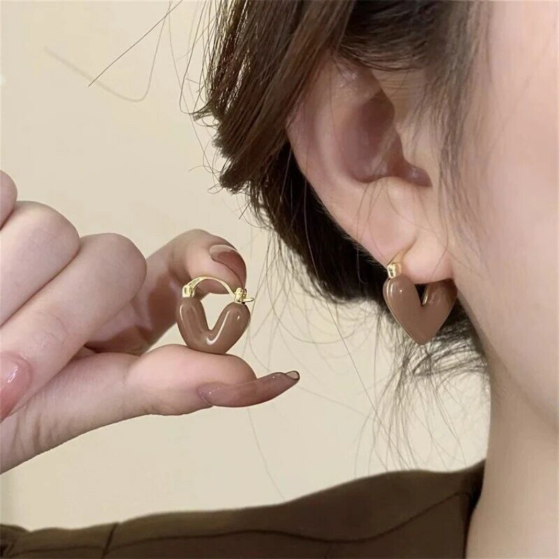 French Romantic Wine Red Enamel Heart Shaped Pendant Earrings Fashion Jewelry For Women Eardrop Accessories