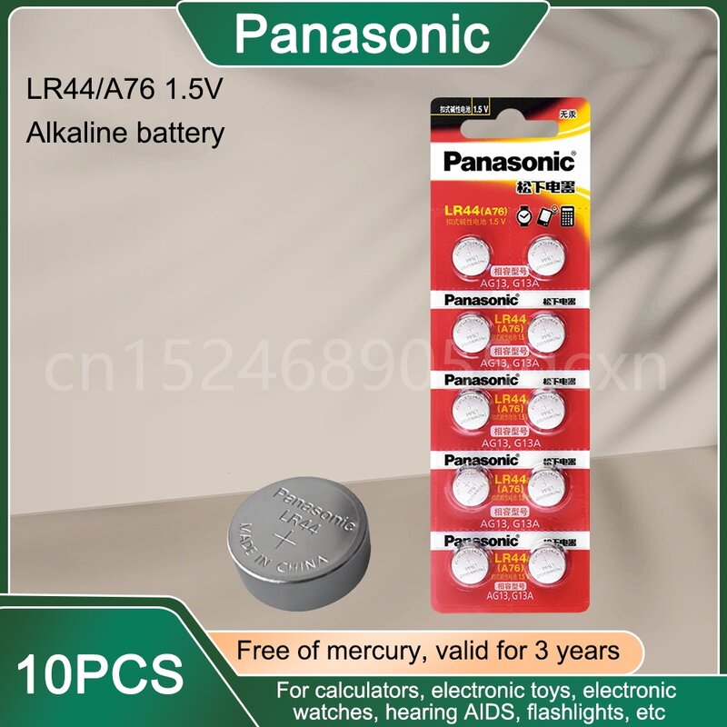 10PCS Panasonic Alkaline Battery LR44 A76 AG13 LR1154 SR1154 SR44 GP76 1.5V For Watch Clock Calculator Electric Toy Button Cell