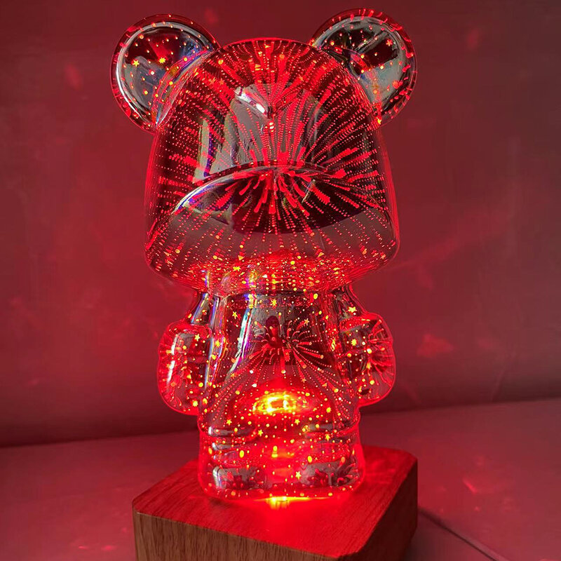 3D Kaca Kembang Api Beruang Kecil Bersih Merah Lampu Malam Beruang Kecil Rumah Kamar Tidur Ruang Tamu Dekoratif Suasana Lampu Meja Decora