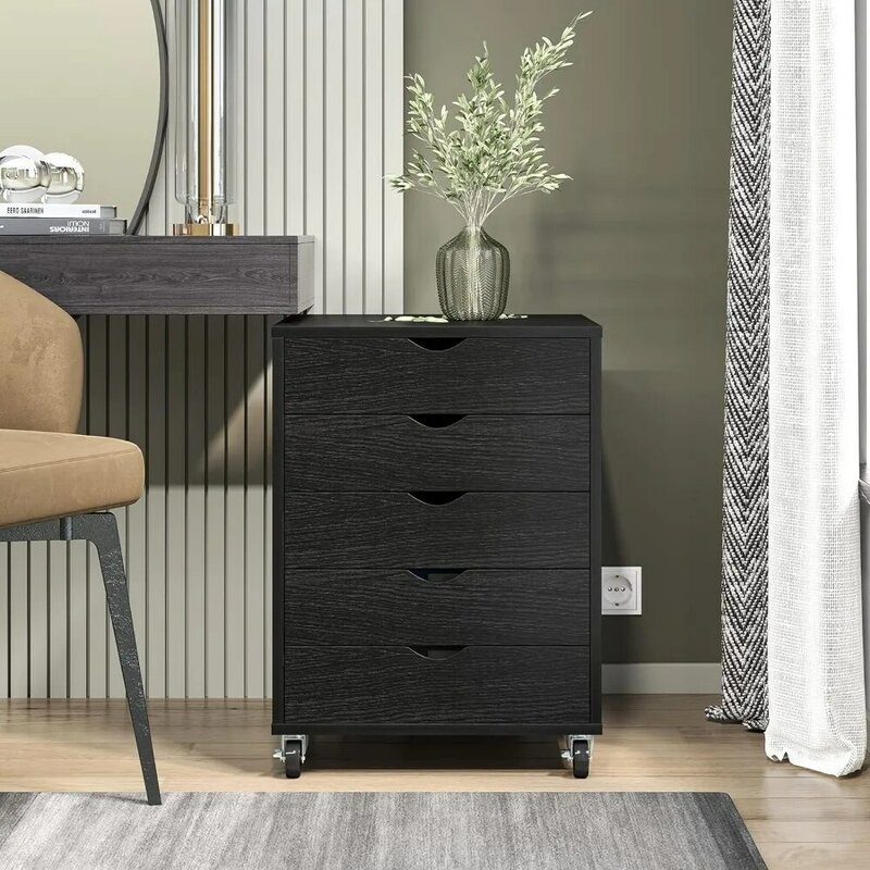 5 Drawer Chest, Mobile File Cabinet with Wheels, Home Office Storage Dresser Cabinet, Black