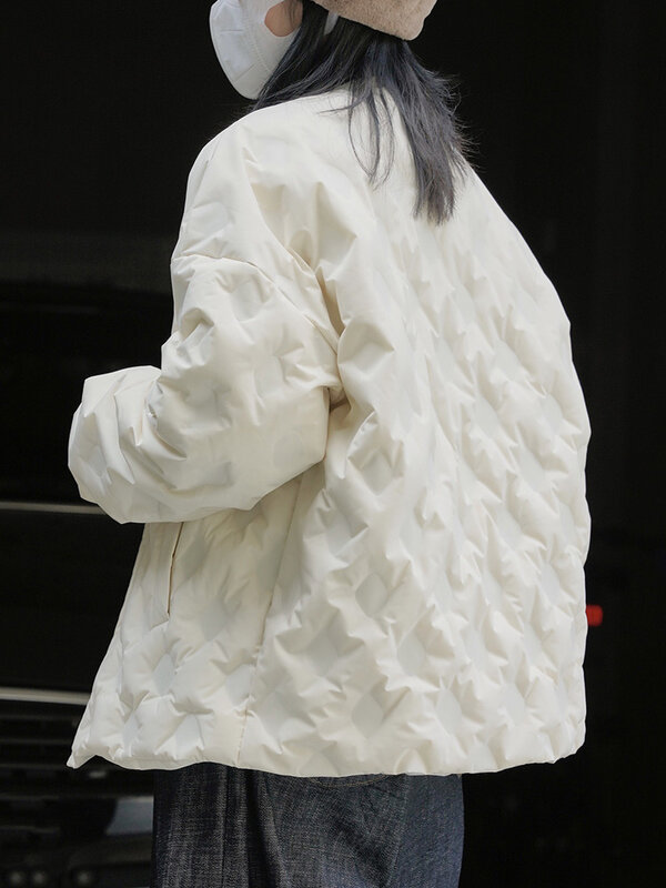 ENjoyce Winter Vintage dekolt w szpic długa kurtka puchowa kobiet biały płaszcz z kaczego puchu styl uliczny luźny ciepły Puffer kurtka Parka