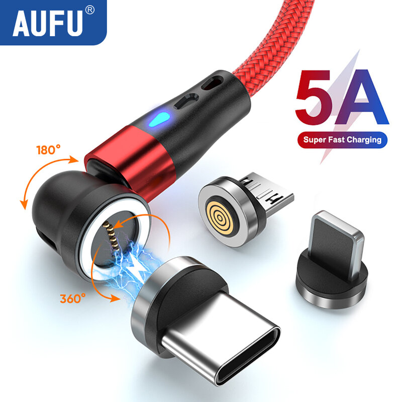 AUFU kabel pengisi daya Cepat magnetis, kabel Data USB mikro, kabel pengisian daya Cepat magnetis tipe C, kabel pengisian daya magnetis untuk ponsel Samsung S21 Huawei P30, 5A