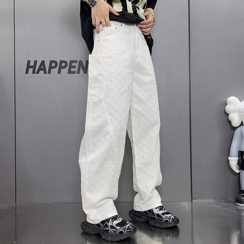 Retro Street dżinsy hip-hopowe męskie luźne proste modne główna ulica Y2K w stylu Casual, dostojna spodnie z szerokimi nogawkami