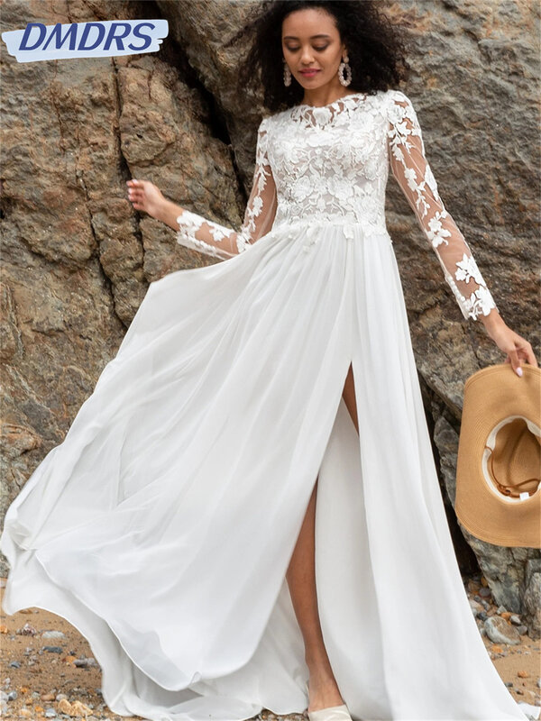 Elegant Long Sleeve Prom Dress 2024 Charming Lace Evening Dresses Classic Satin Floor Length Gowns Vestidos De Novia