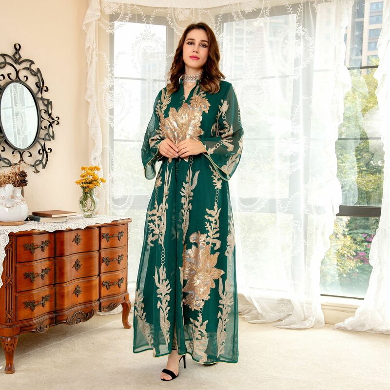 Robe à paillettes de fleurs brûlées du Moyen-Orient, abaya musulmane, robe Jalabiya, robe arabe, robe de soirée de célébrité, luxe abordable, nouveau