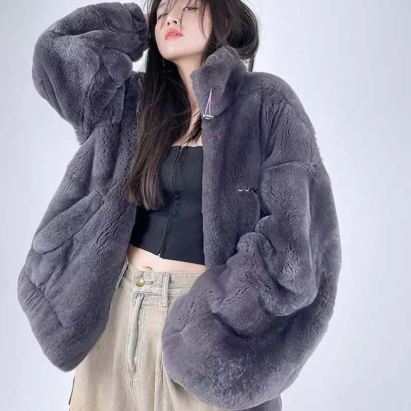 Rex Mantel Bulu Kelinci Mantel Musim Dingin Pakaian Wanita Mantel Bulu Asli Kasual Korea dan Jaket Pakaian untuk Wanita Abrigos Mujer Zm1560