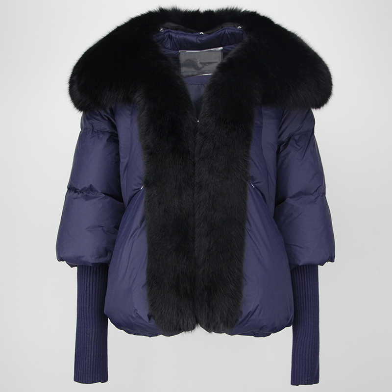 Jaket musim dingin kerah bulu rakun rubah asli Natural 2022 mantel bulu angsa hangat tebal wanita pakaian luar lengan rajut mode pakaian jalanan