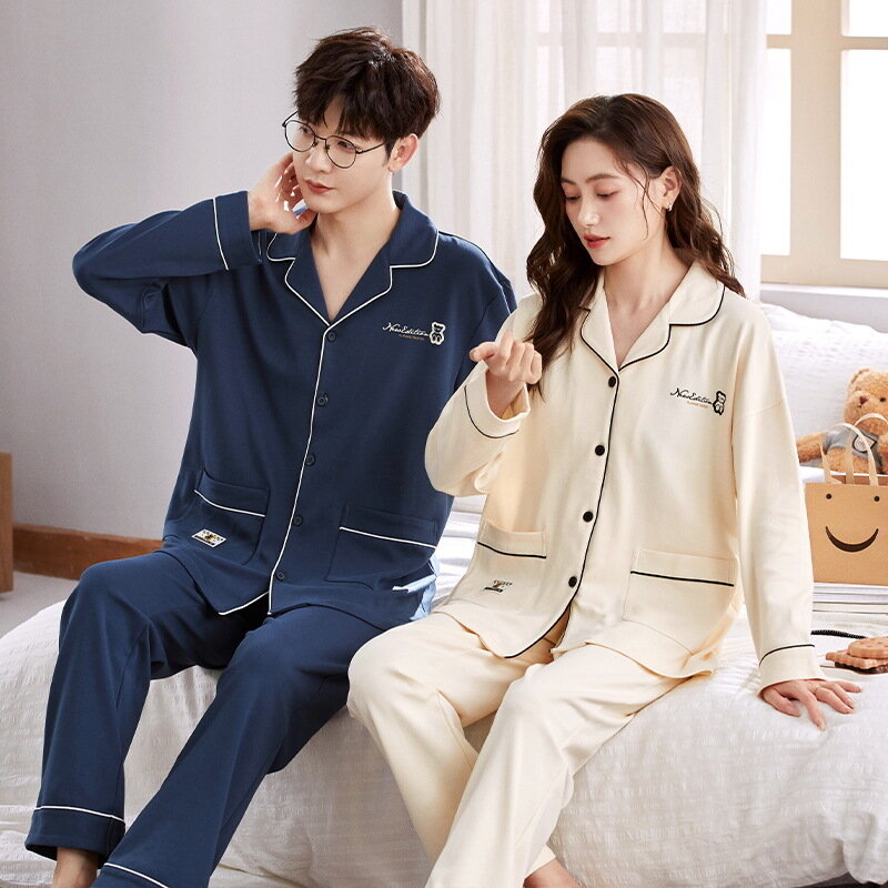 Pijama de algodón con dibujos animados para hombre y mujer, conjunto de ropa de dormir suave, cárdigan para parejas, otoño y primavera, envío directo