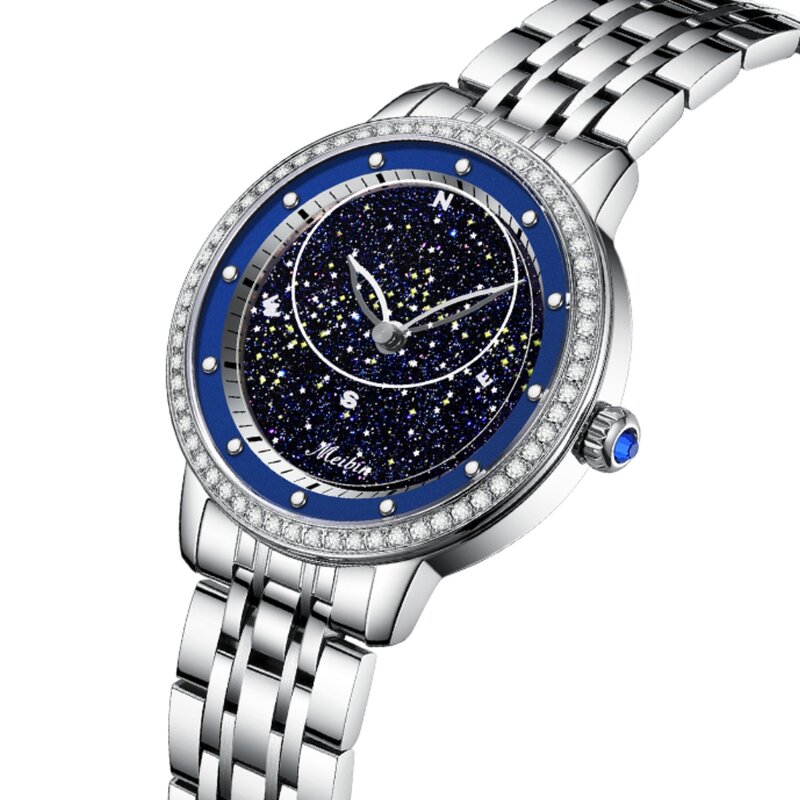 นาฬิกาควอตซ์สำหรับผู้หญิงของแท้นาฬิกาแฟชั่นสายสแตนเลสเพชรสุดหรูนาฬิกาสำหรับผู้หญิงดาวบนท้องฟ้า