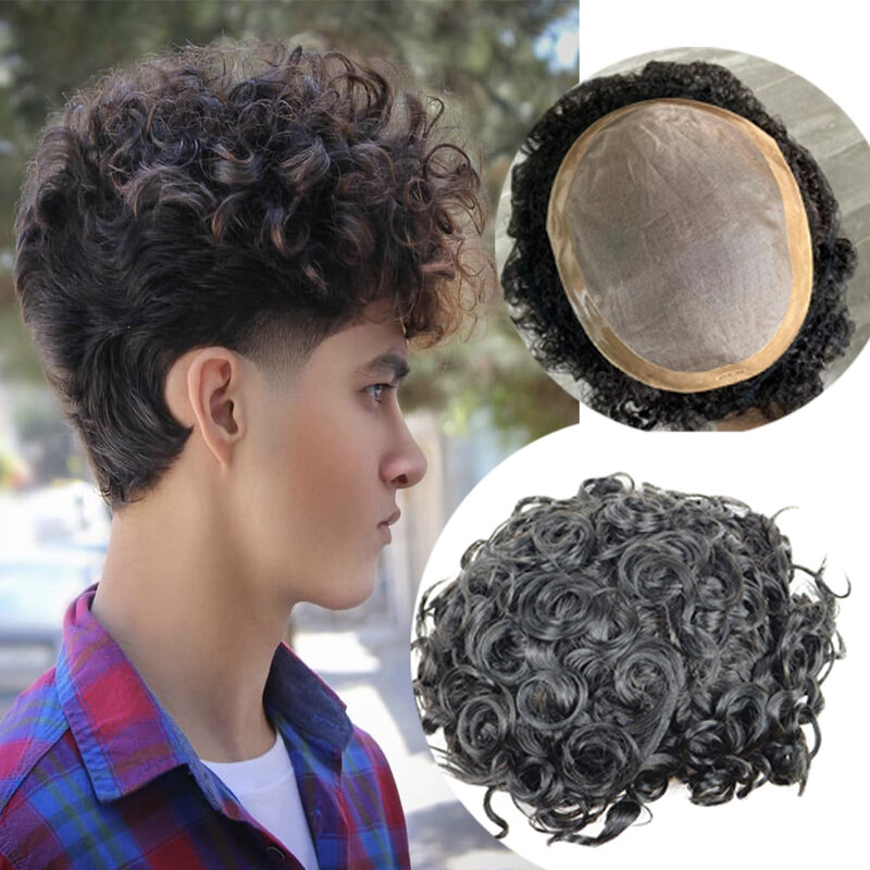 Tupé de cabello humano rizado para hombres, Base de PU Mono fino duradero, postizo de aspecto Natural, negro, 20mm
