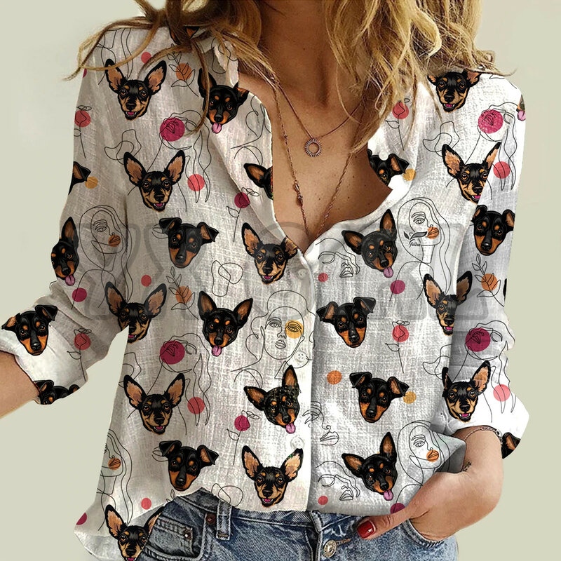 YX GIRL Lady And Doberman Pinscher-Camisa de manga larga para mujer, Camisa estampada en 3D con botones, ropa informal de calle única