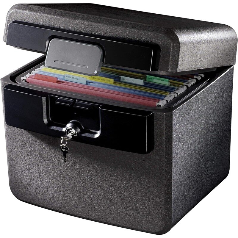 Black Fireproof and Waterproof Safe, File Folder and Document Box with Key Lock, Ex. 14.3 x 15.5 x 13.5, HD4100