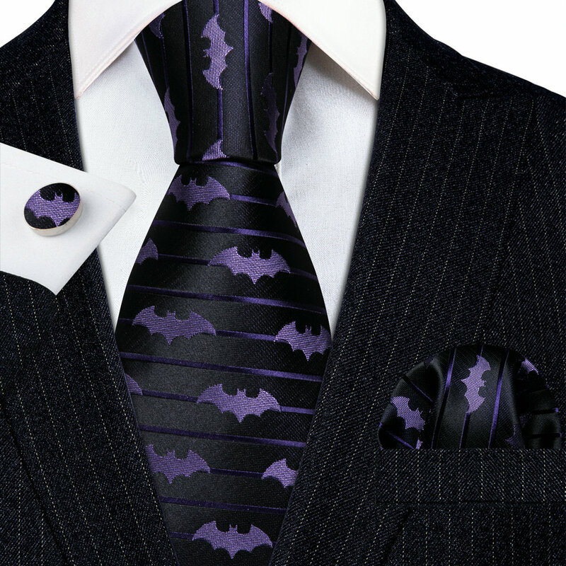 Novelty Silke Men Ties Fashion Purple Bat Design Woven Ncektie Handkerchief Cufflinks Set Wedding Party Gifts Barry.Wang FA-6210