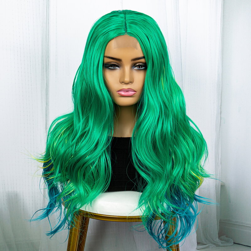Ombre grüne Perücken Mittelteil Perücken für Frauen lange gewellte lockige Haare Perücken grüne Wurzeln Perücken für Frauen Cosplay Party täglichen Gebrauch