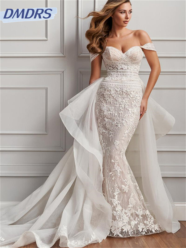 Elegancka suknia ślubna z odkrytymi ramionami 2024 urocza koronka suknia ślubna romantyczna zdejmowana huśtawka do podłogi-sukienka Vestidos De Novia