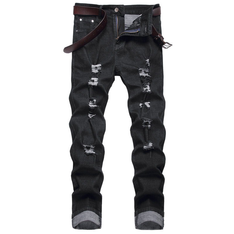 Уличная одежда Y2K, Осенние новые модные мужские черные рваные джинсы в стиле Харадзюку, повседневные Стрейчевые джинсовые брюки-карго для мужчин, джинсовые брюки