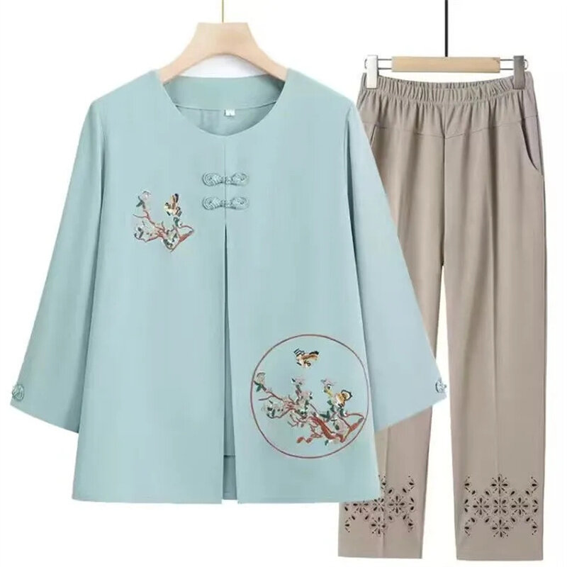 Женские летние комплекты для мамы, шифоновая рубашка большого размера 5XL, топы для женщин среднего возраста, с рукавом 3/4 и брюки, 2 шт., блузка с вышивкой для бабушки, костюмы