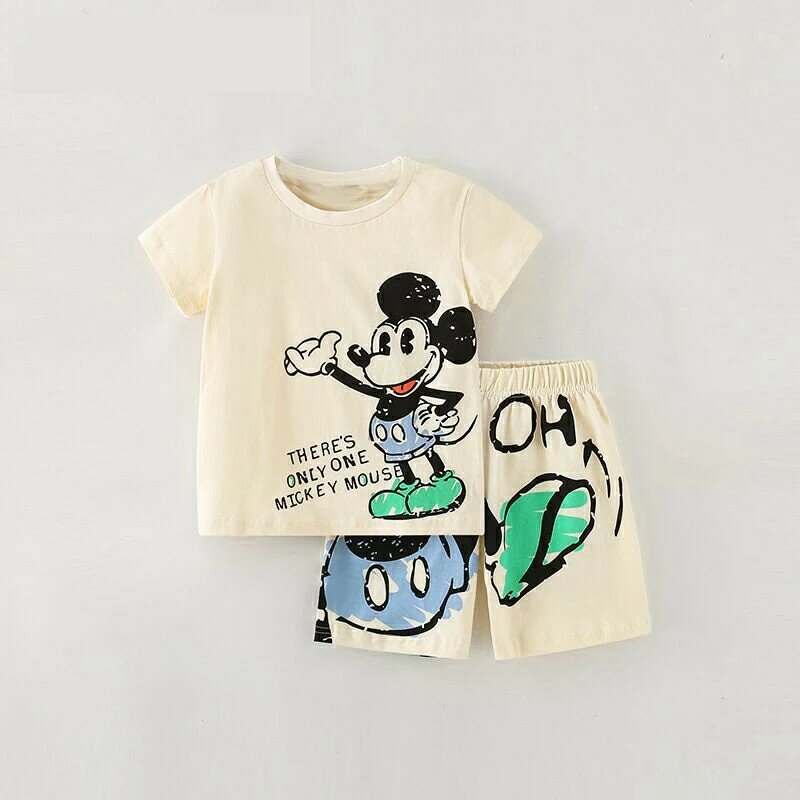 Short Sleeve Tshirt Tracksuits Casual Mickey Print Tees +Shorts Summer New Cartoon Full Print 2 Piece Sets Toddler Cute Clothing